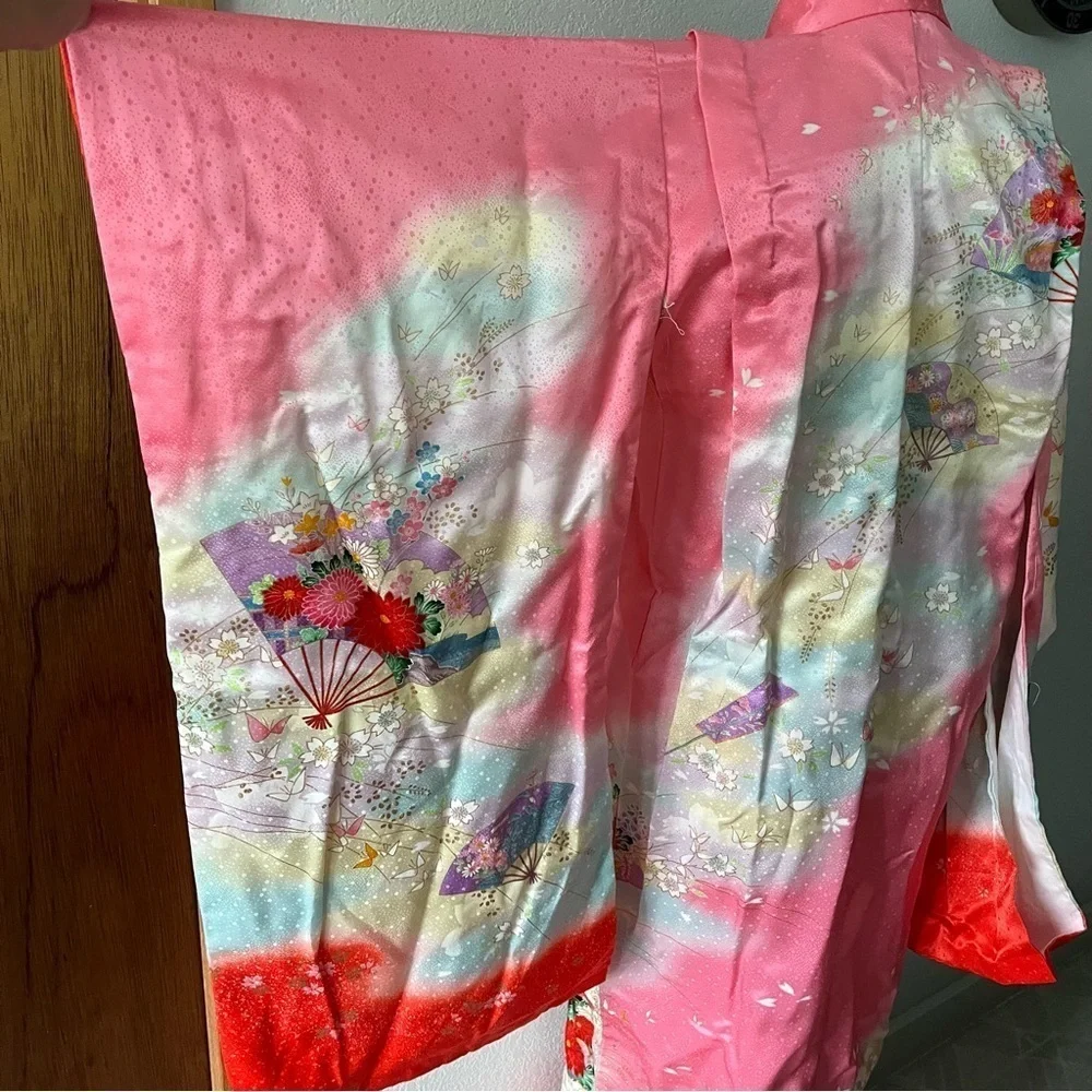 VINTAGE Girl's Pink Kimono Butterflies Flowers Ombre w/ Orange Tie - Picture 10 of 16